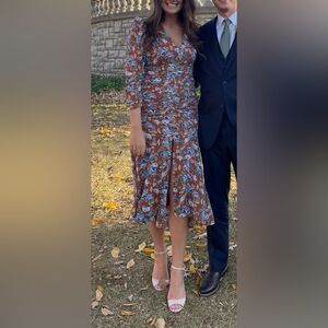 FLORET STUDIOS- Ruched Floral Slit Hem Rust Midi Dress Size M